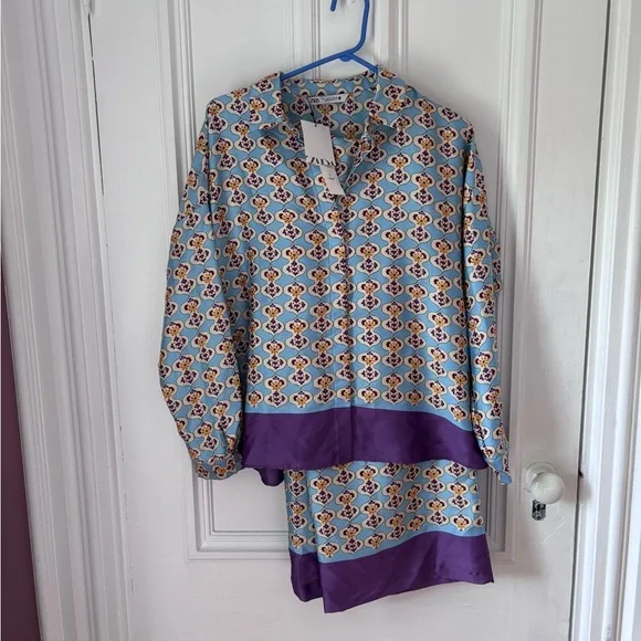 Women’s Zara Set NWT Geometric Print Blue /Purple Size Medium High Waist - Picture 3 of 16